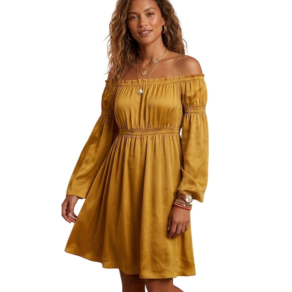 SHORE Shore Brand Off-the-Shoulder Mini Dress XL Gold Boho Romantic NWT $198